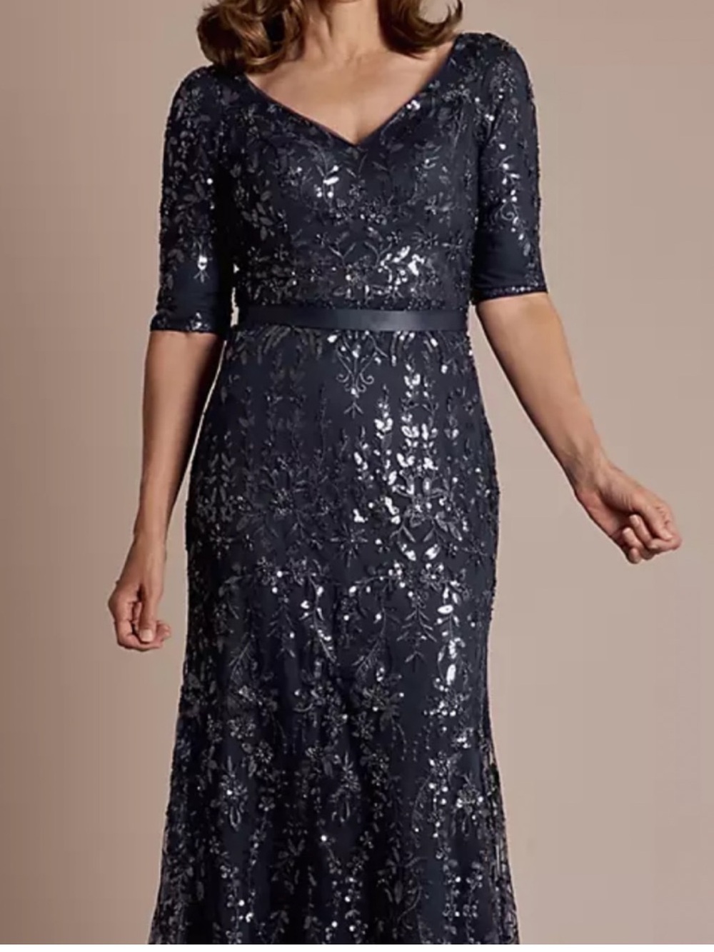 Oleg Cassini Navy Embellished V-Neck Sequin Gown